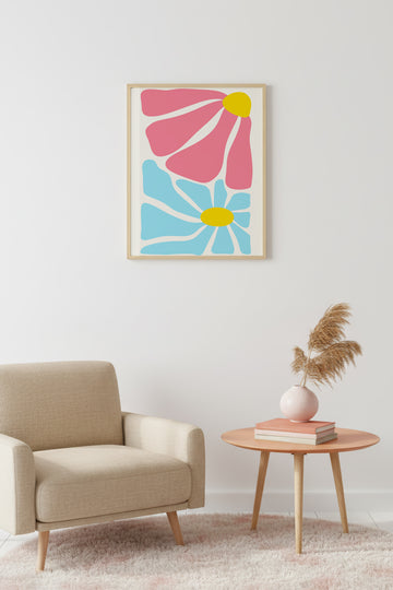 Doğal Ahşap Çerçeveli Retro Pop Art Çiçek Tablo - Pembe Mavi Floral | huhu2740