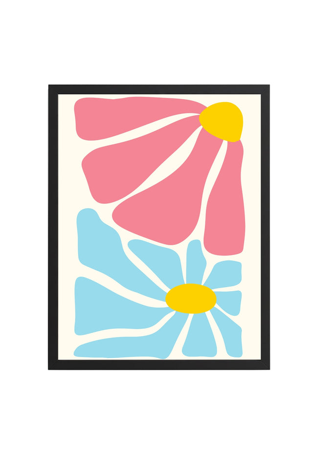 Doğal Ahşap Çerçeveli Retro Pop Art Çiçek Tablo - Pembe Mavi Floral | huhu2740