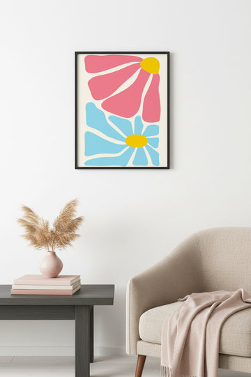 Doğal Ahşap Çerçeveli Retro Pop Art Çiçek Tablo - Pembe Mavi Floral | huhu2740