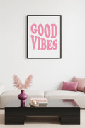 Doğal Ahşap Çerçeveli Retro Tablo - Good Vibes Yazılı Pembe | huhu2741