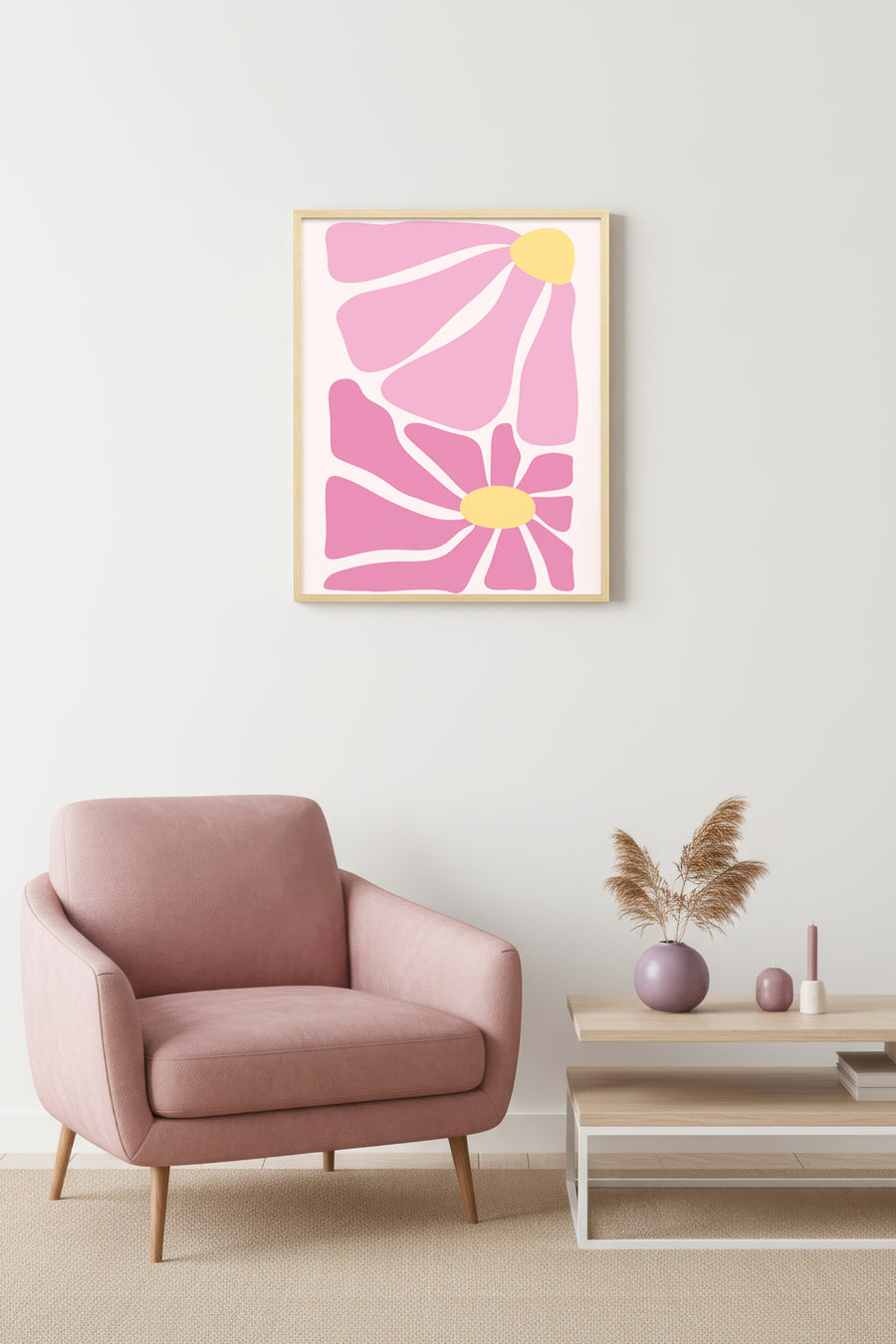 Doğal Ahşap Çerçeveli Retro Çiçekli Tablo - Pastel Pembe Çiçek Desenli | huhu2745