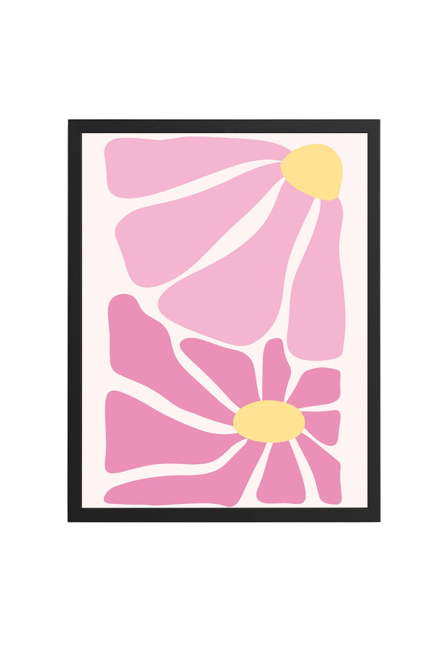 Doğal Ahşap Çerçeveli Retro Çiçekli Tablo - Pastel Pembe Çiçek Desenli | huhu2745