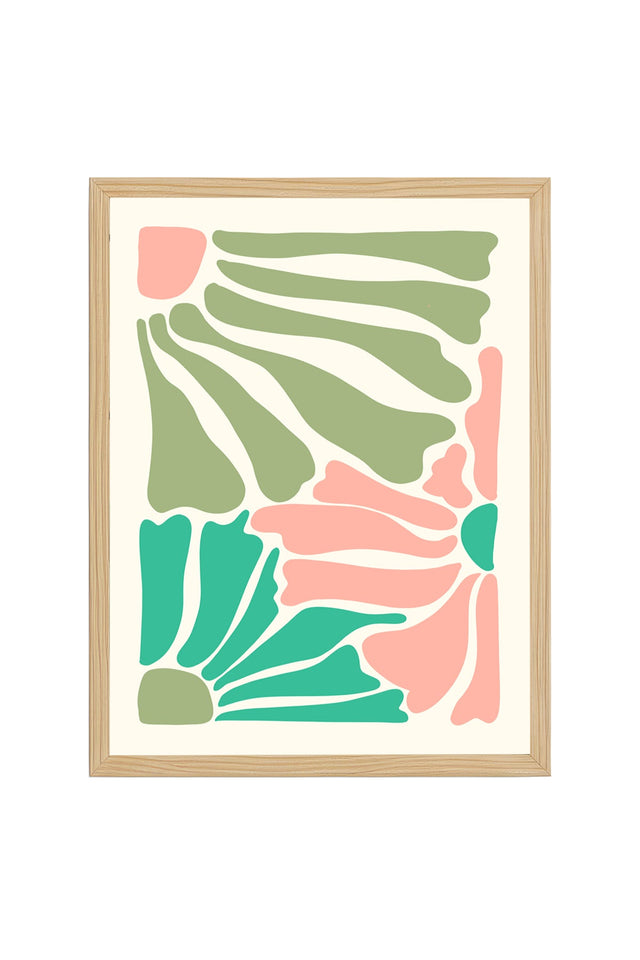Doğal Ahşap Çerçeveli Retro Soyut Tablo - Pastel Tonlarda Geometrik Desen | huhu2747