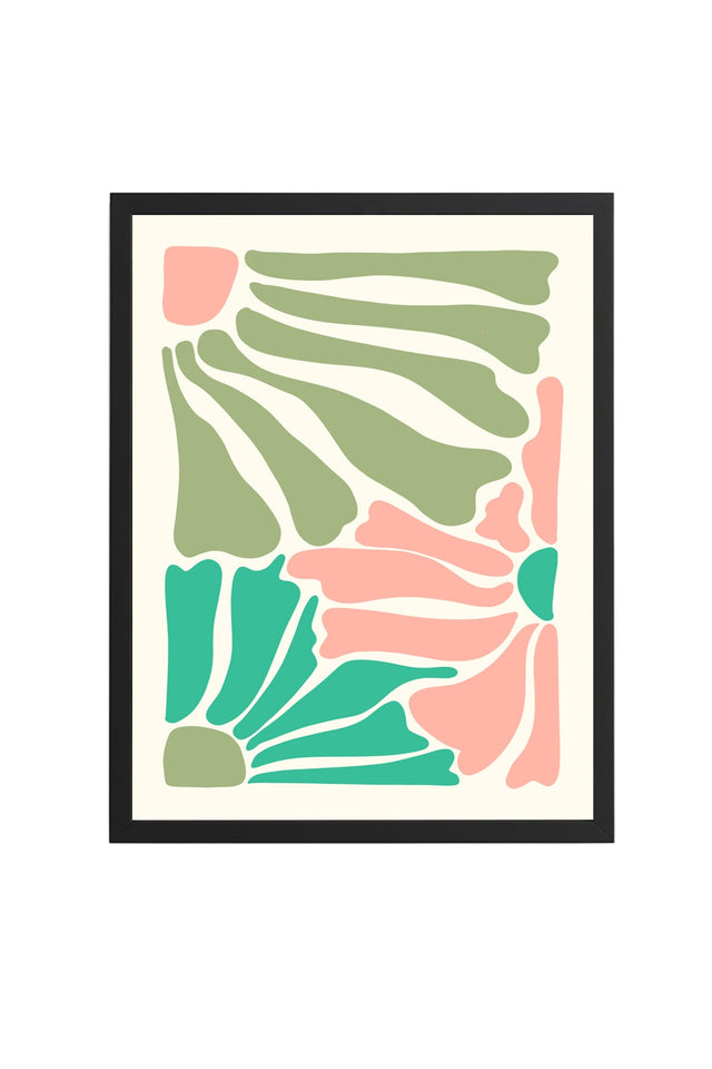Doğal Ahşap Çerçeveli Retro Soyut Tablo - Pastel Tonlarda Geometrik Desen | huhu2747