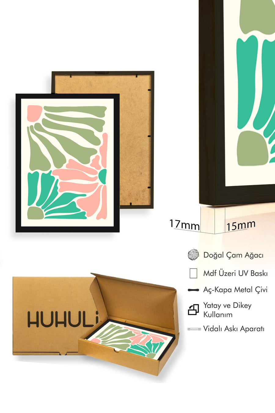 Doğal Ahşap Çerçeveli Retro Soyut Tablo - Pastel Tonlarda Geometrik Desen | huhu2747