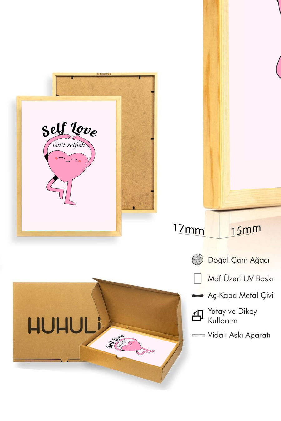 Doğal Ahşap Çerçeveli Self Love Kalp Tablo - Retro Pop Art Tasarım | huhu2748