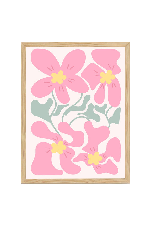 Doğal Ahşap Çerçeveli Retro Tablo - Pembe Çiçek Desenli | huhu2749
