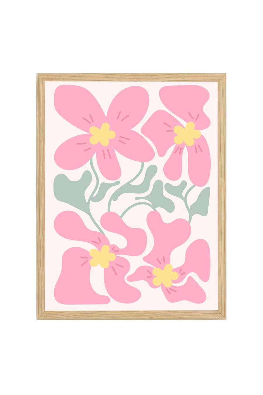 Doğal Ahşap Çerçeveli Retro Tablo - Pembe Çiçek Desenli | huhu2749