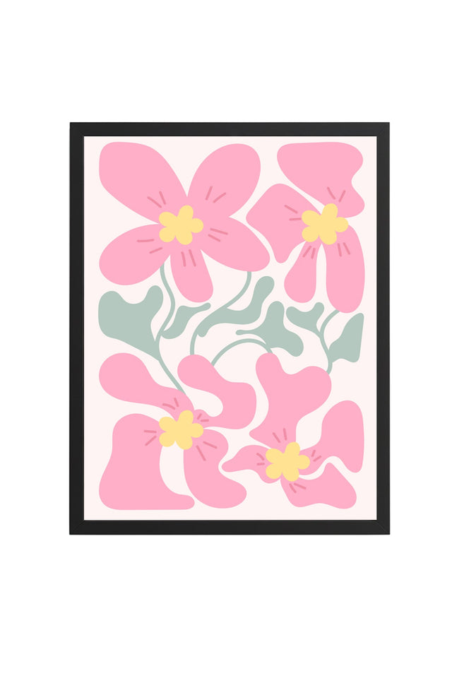 Doğal Ahşap Çerçeveli Retro Tablo - Pembe Çiçek Desenli | huhu2749