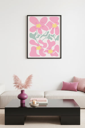 Doğal Ahşap Çerçeveli Retro Tablo - Pembe Çiçek Desenli | huhu2749