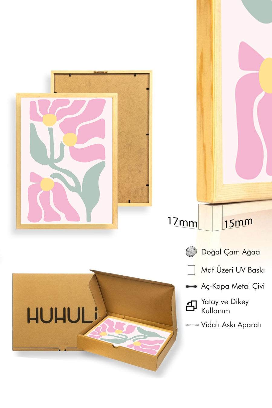 Doğal Ahşap Çerçeveli Retro Tablo - Pastel Çiçek Desenli | huhu2753