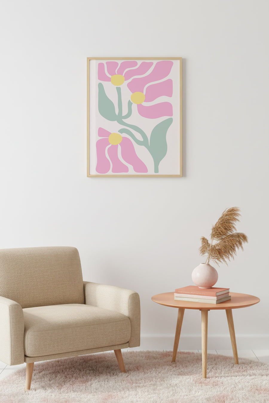 Doğal Ahşap Çerçeveli Retro Tablo - Pastel Çiçek Desenli | huhu2753