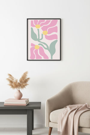 Doğal Ahşap Çerçeveli Retro Tablo - Pastel Çiçek Desenli | huhu2753