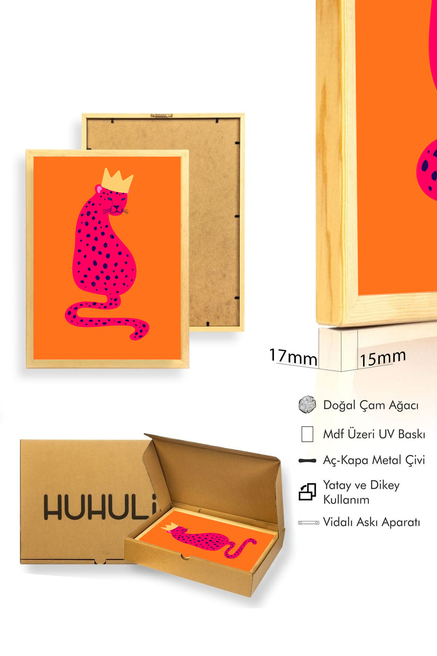 Doğal Ahşap Çerçeveli Pop Art Leopar Kraliçe Tablo - Pembe Tonlar | huhu2754