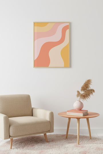 Doğal Ahşap Çerçeveli Soyut Dalga Desenli Tablo - Pastel Tonlar | huhu2756