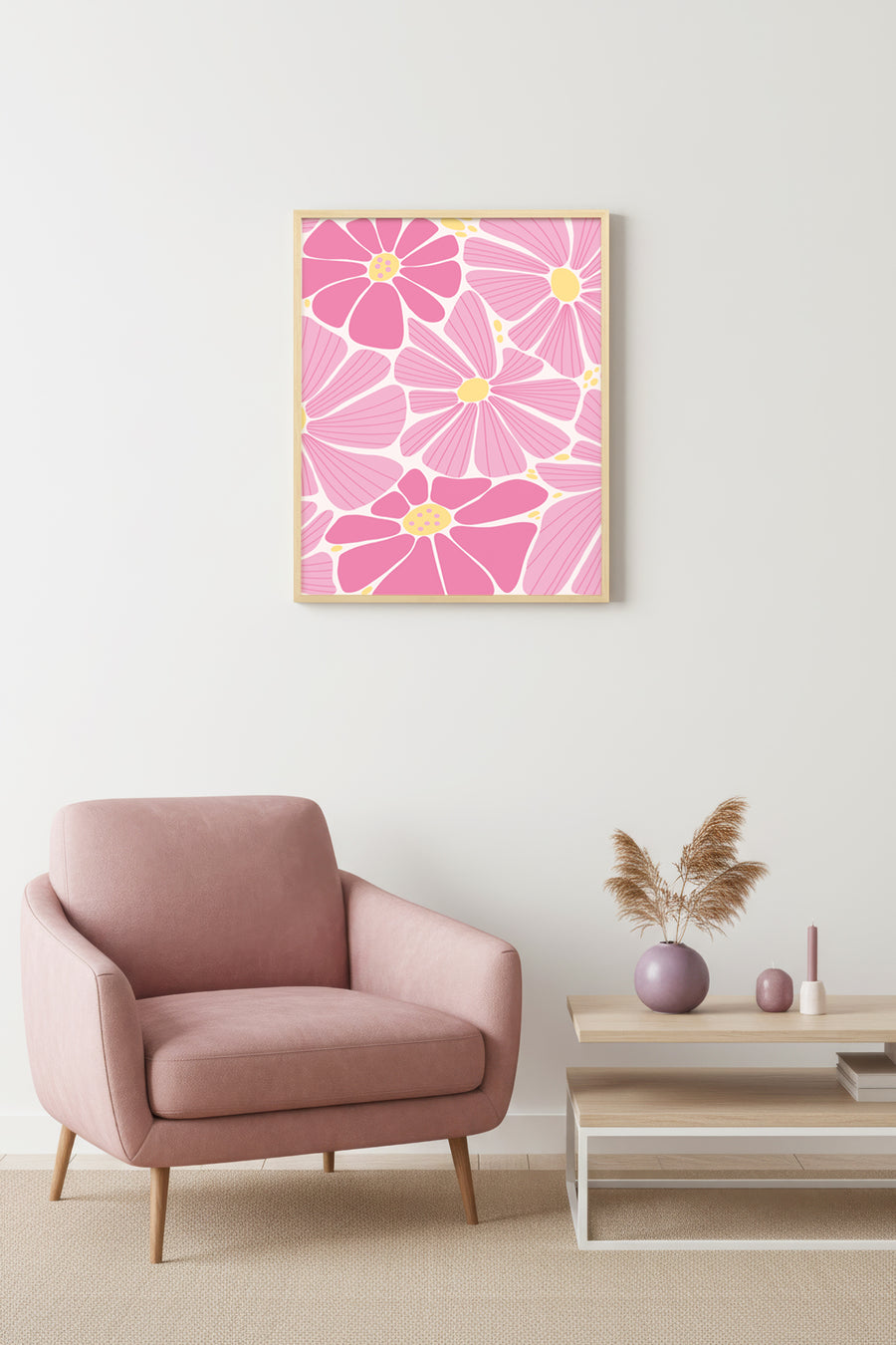 Doğal Ahşap Çerçeveli Retro Pembe Çiçekli Tablo - Boho Floral Desen | huhu2757