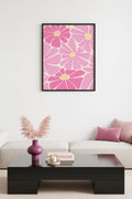 Doğal Ahşap Çerçeveli Retro Pembe Çiçekli Tablo - Boho Floral Desen | huhu2757