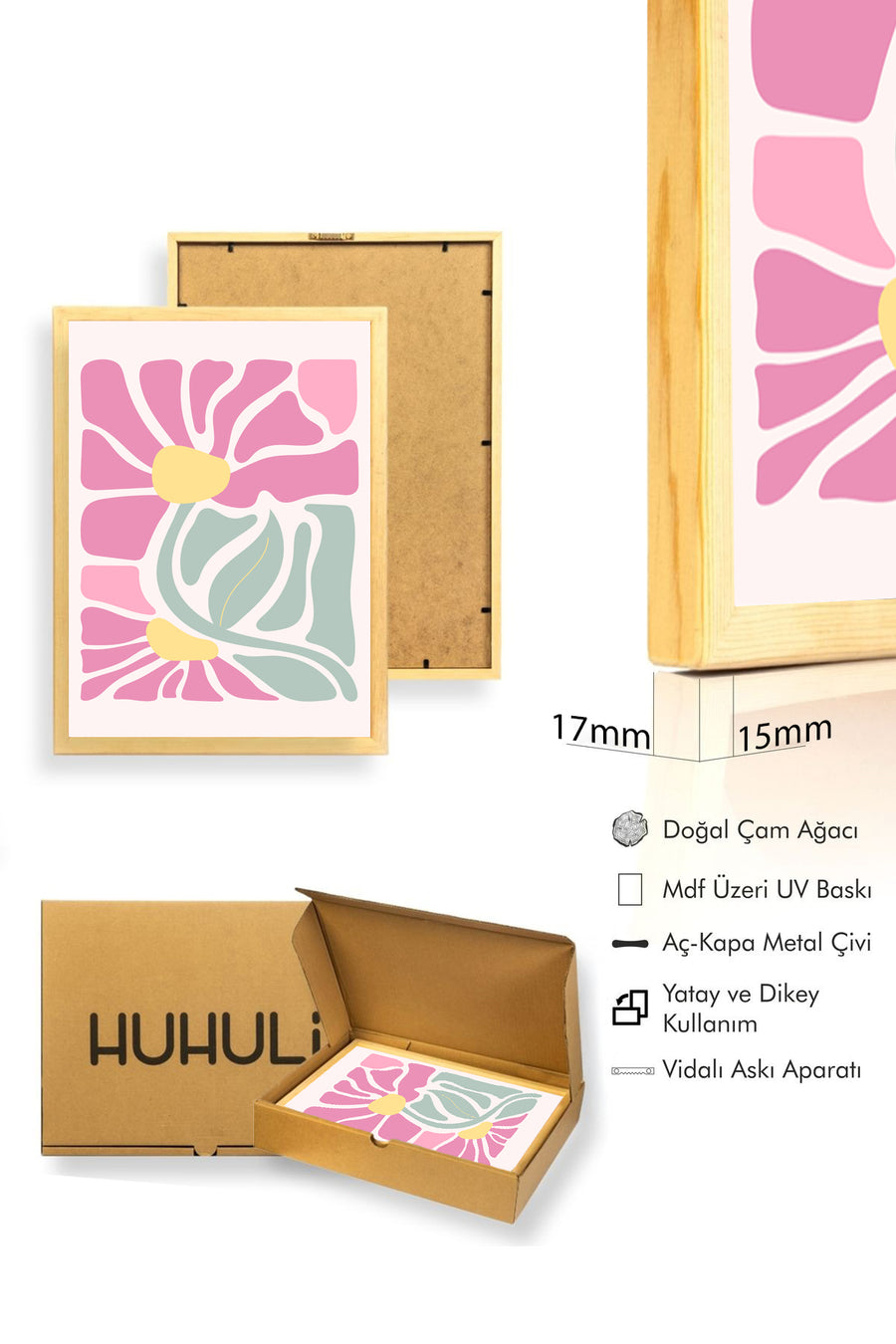 Doğal Ahşap Çerçeveli Retro Çiçek Desenli Tablo - Pastel Pembe Floral | huhu2761
