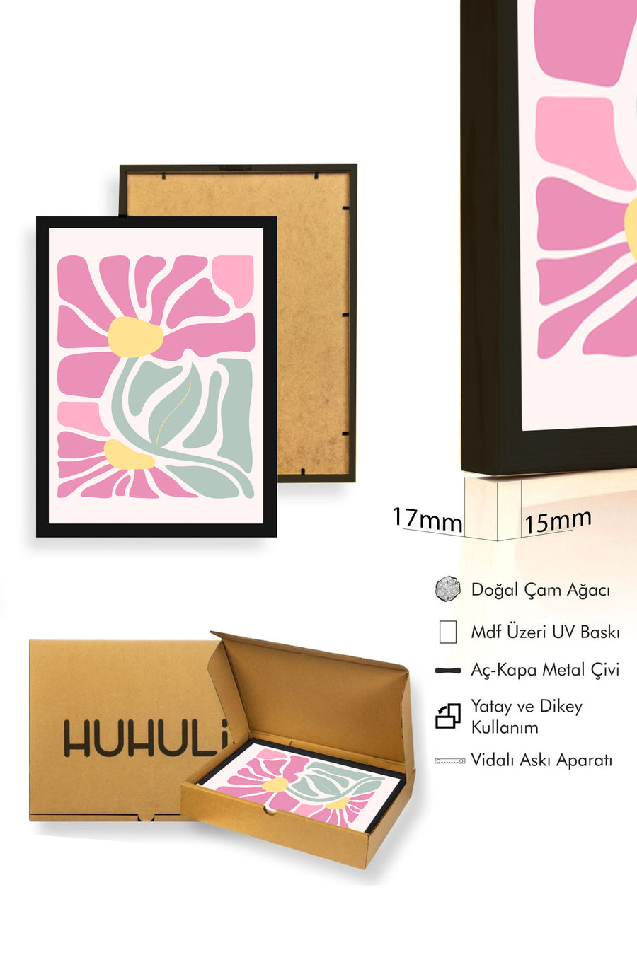 Doğal Ahşap Çerçeveli Retro Çiçek Desenli Tablo - Pastel Pembe Floral | huhu2761
