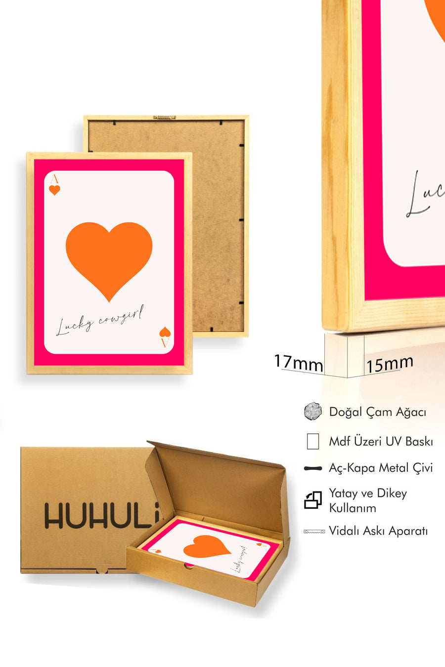 Doğal Ahşap Çerçeveli Retro Kalp Tablo - Lucky Cowgirl Yazı Tasarım | huhu2762