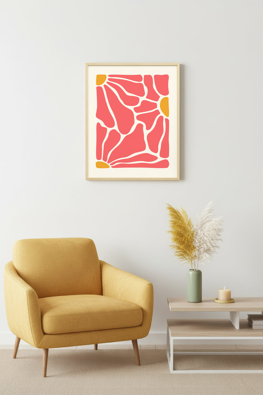Doğal Ahşap Çerçeveli Retro Soyut Tablo - Organik Pembe Tonlar | huhu2763