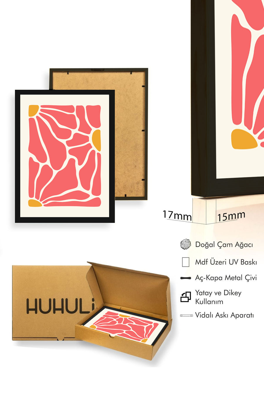 Doğal Ahşap Çerçeveli Retro Soyut Tablo - Organik Pembe Tonlar | huhu2763