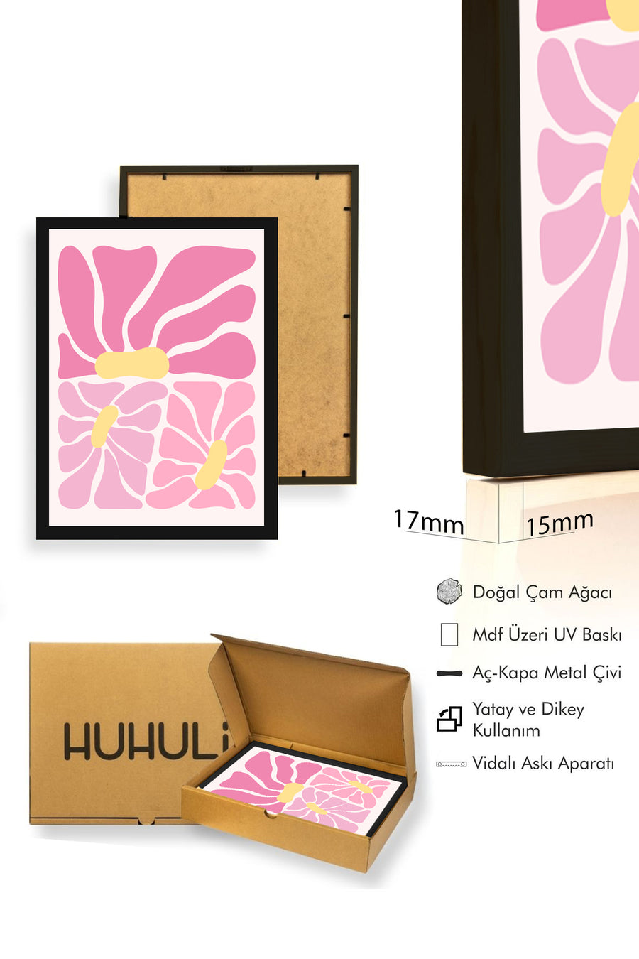 Doğal Ahşap Çerçeveli Retro Soyut Tablo - Pembe ve Sarı Çiçek Desenli Duvar Dekoru | huhu2764
