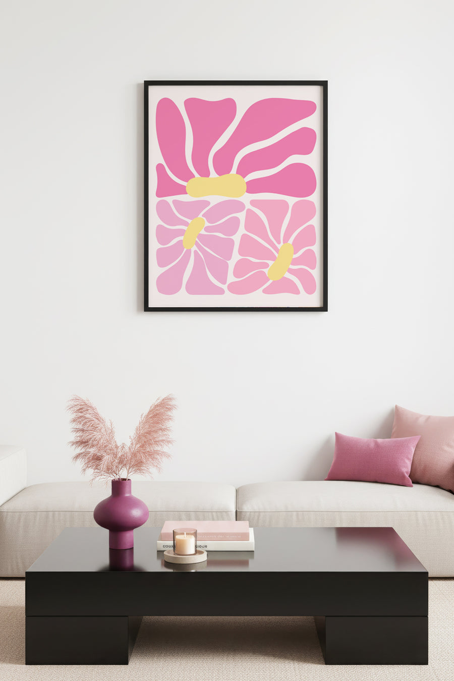Doğal Ahşap Çerçeveli Retro Soyut Tablo - Pembe ve Sarı Çiçek Desenli Duvar Dekoru | huhu2764