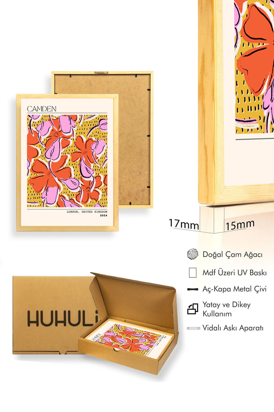 Doğal Ahşap Çerçeveli Retro Çiçekli Tablo - Pop Art Desenli | huhu2767