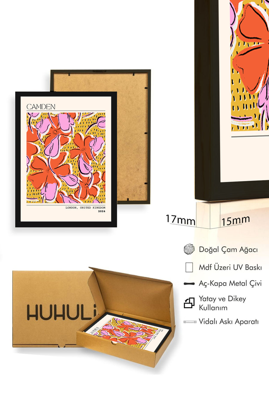 Doğal Ahşap Çerçeveli Retro Çiçekli Tablo - Pop Art Desenli | huhu2767