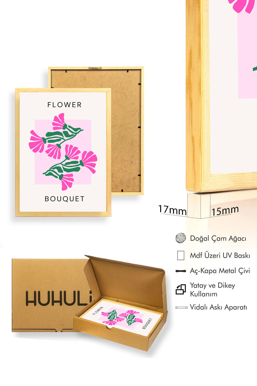 Doğal Ahşap Çerçeveli Retro Floral Tablo - Pembe ve Yeşil Çiçek Buketi | huhu2768