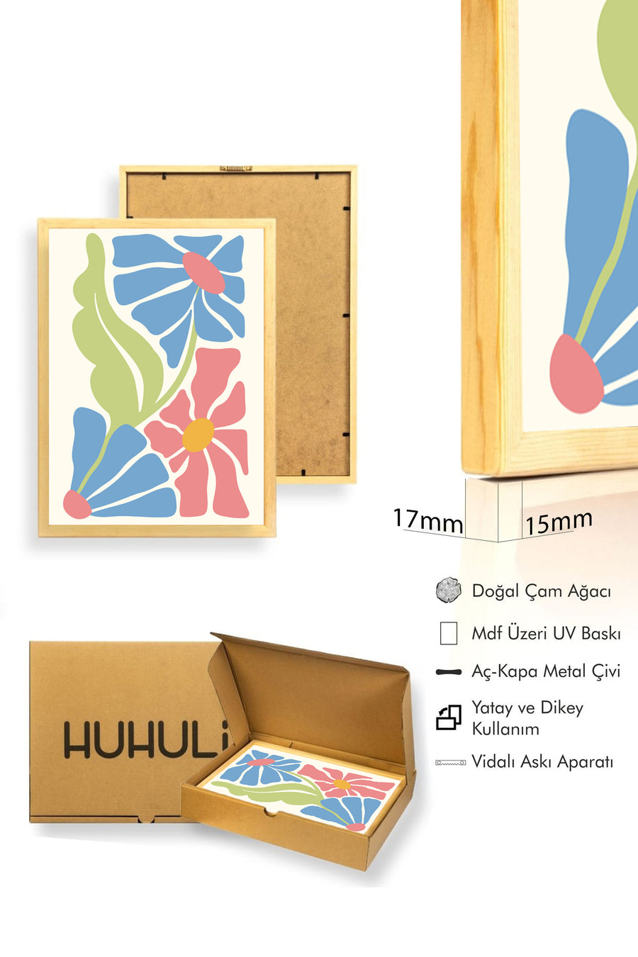 Doğal Ahşap Çerçeveli Retro Floral Tablo - Boho Çiçekli Desenli | huhu2769