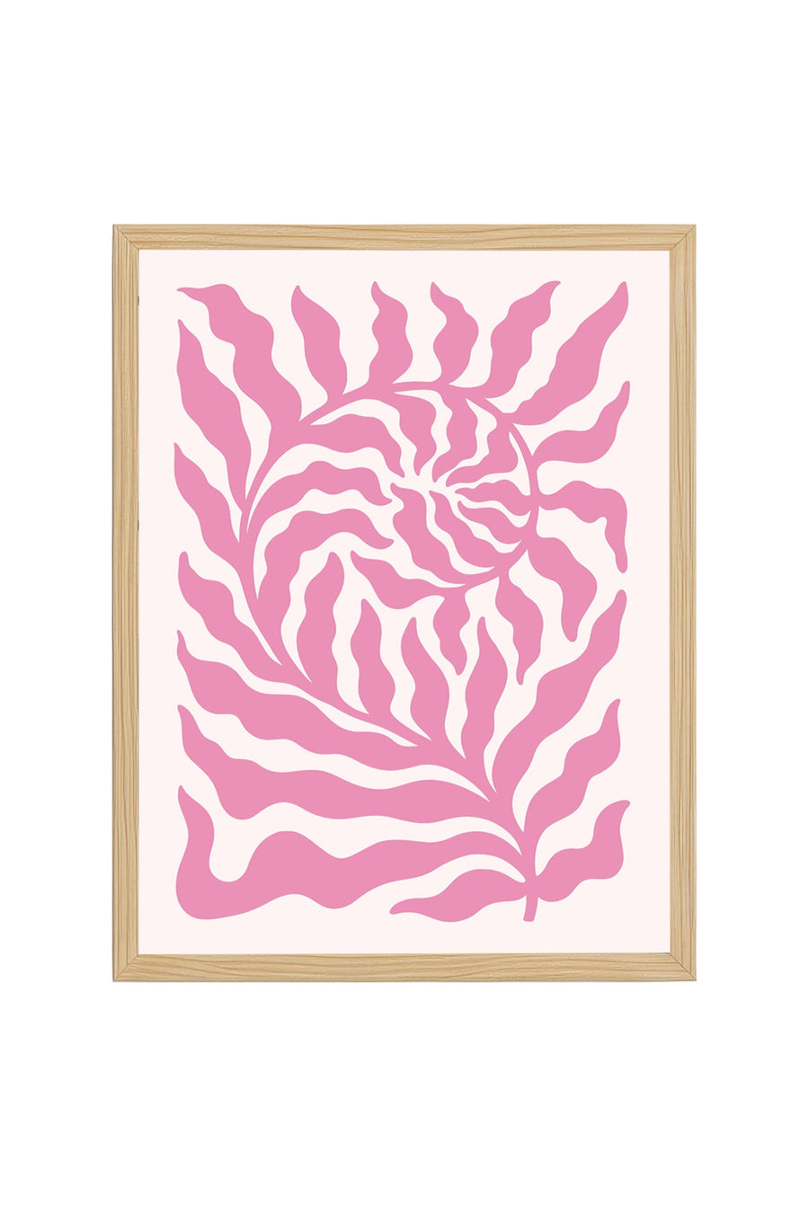 Doğal Ahşap Çerçeveli Retro Tablo - Pembe Tropikal Soyut Yaprak | huhu2773