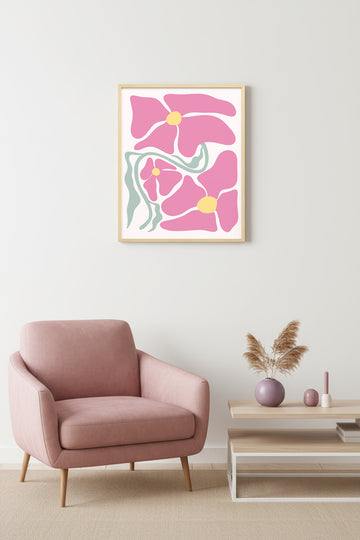 Doğal Ahşap Çerçeveli Retro Çiçek Desenli Tablo - Pastel Pembe Floral | huhu2776