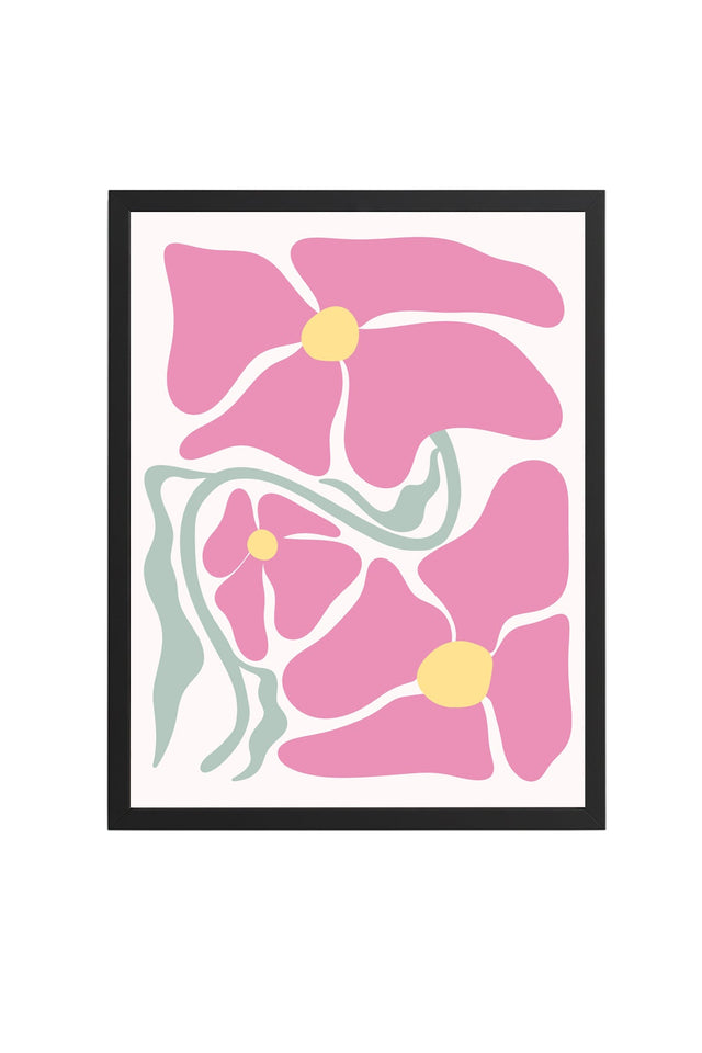 Doğal Ahşap Çerçeveli Retro Çiçek Desenli Tablo - Pastel Pembe Floral | huhu2776