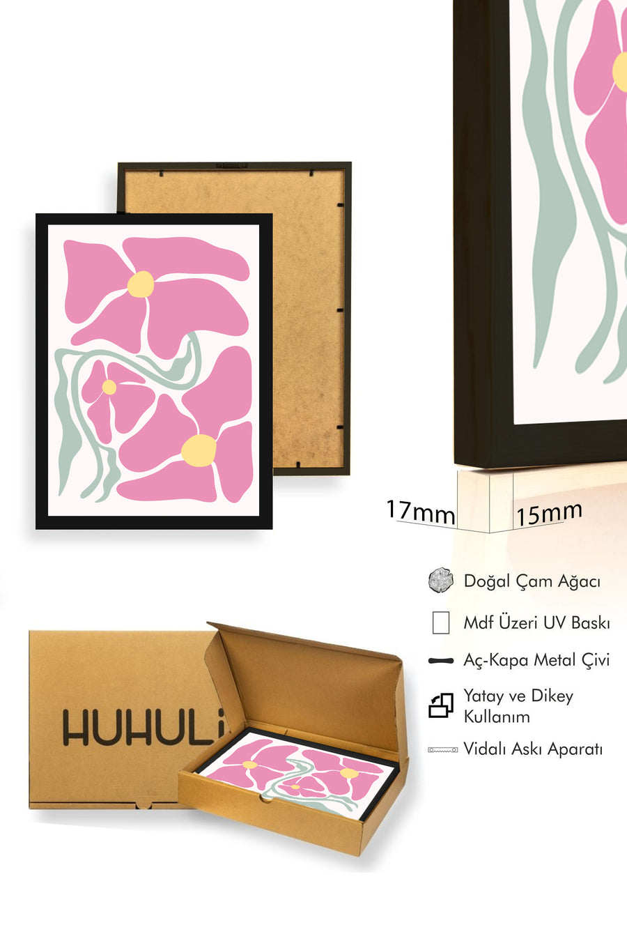 Doğal Ahşap Çerçeveli Retro Çiçek Desenli Tablo - Pastel Pembe Floral | huhu2776