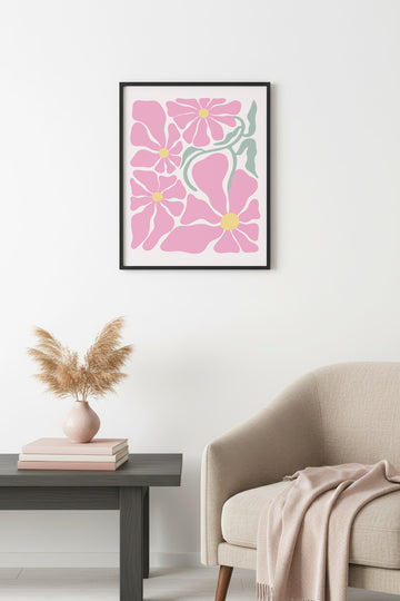 Doğal Ahşap Çerçeveli Retro Çiçek Desenli Tablo - Pastel Tonlar | huhu2780