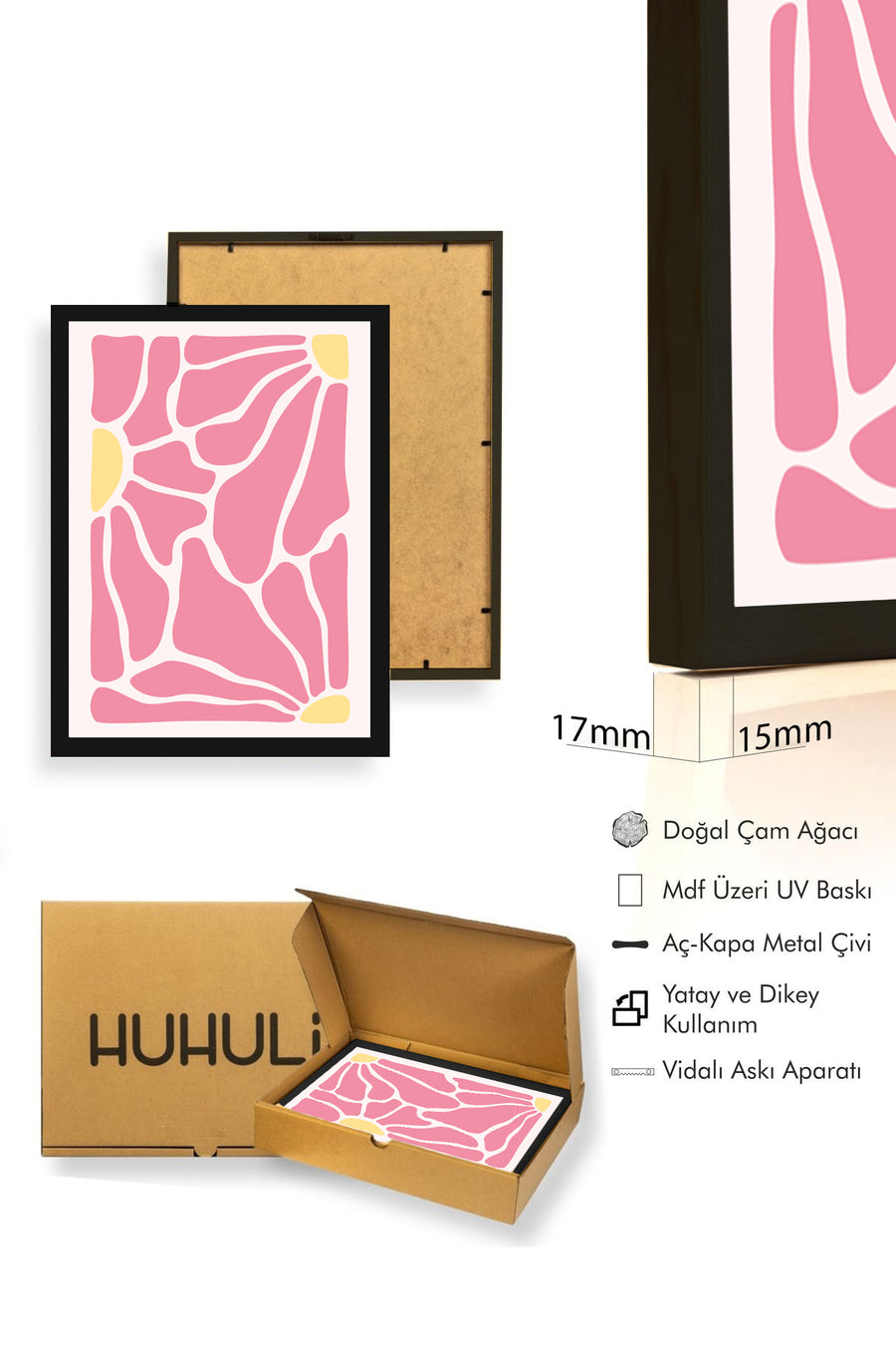 Doğal Ahşap Çerçeveli Soyut Organik Pembe Tonlar Tablo - Modern Duvar Sanatı | huhu2784