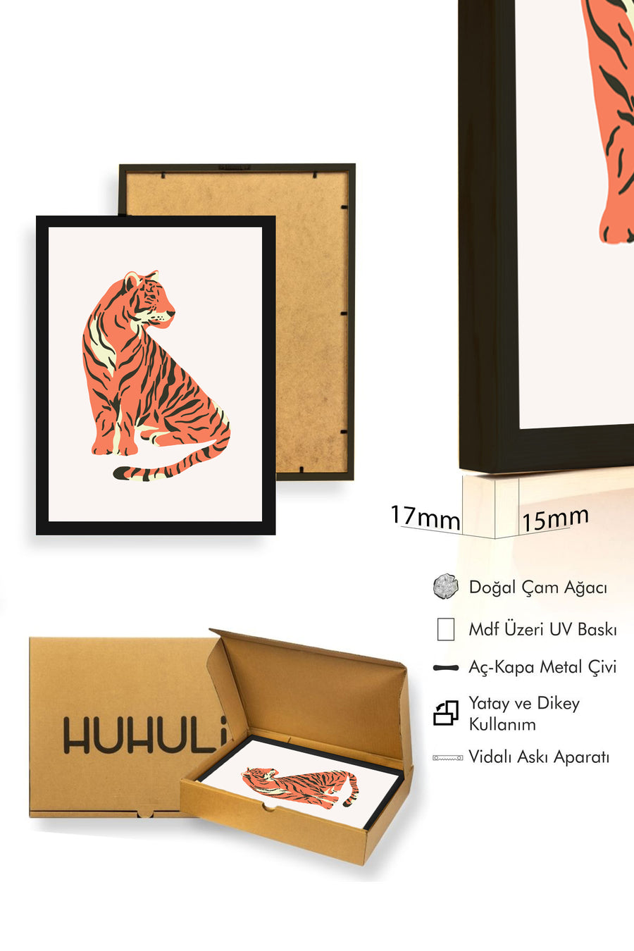 Doğal Ahşap Çerçeveli Retro Kaplan Tablo - Minimalist Tasarım | huhu2788