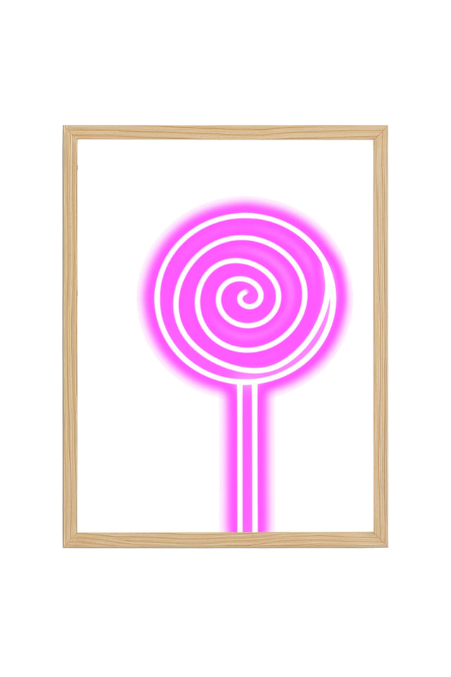 Doğal Ahşap Çerçeveli Retro Pop Art Tablo - Pembe Lollipop Desenli | huhu2791