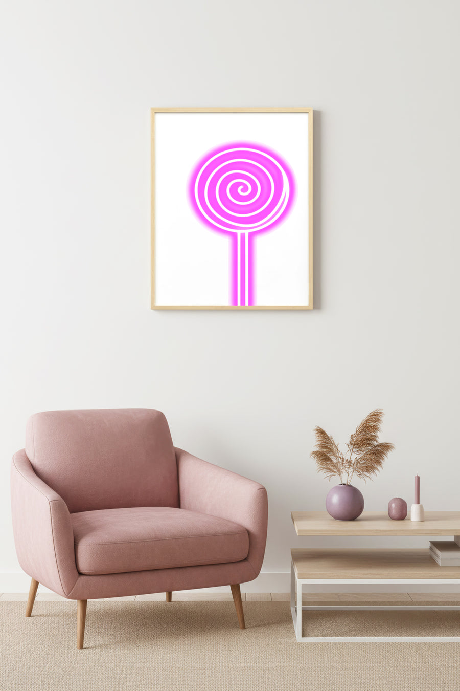 Doğal Ahşap Çerçeveli Retro Pop Art Tablo - Pembe Lollipop Desenli | huhu2791