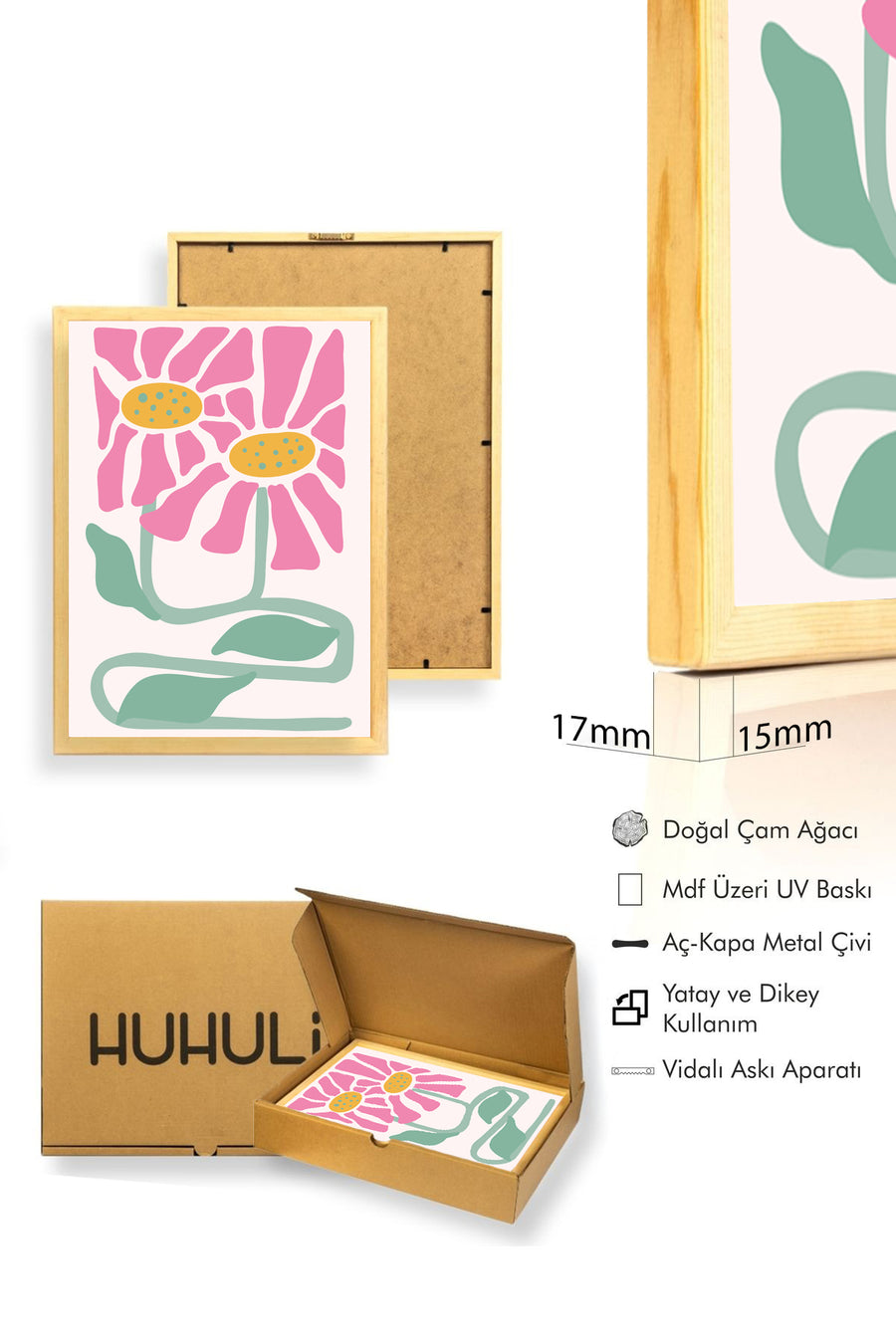 Doğal Ahşap Çerçeveli Retro Çiçek Tablo - Pembe Tonlar ve Botanik Desen | huhu2793