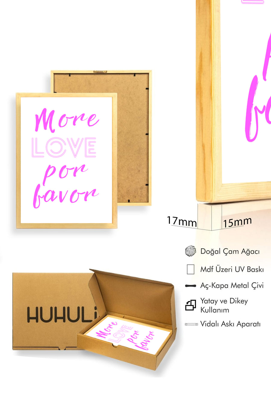 Doğal Ahşap Çerçeveli Retro Tablo - Pembe Script Yazı Sözü | huhu2794