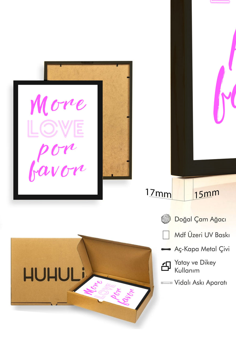 Doğal Ahşap Çerçeveli Retro Tablo - Pembe Script Yazı Sözü | huhu2794