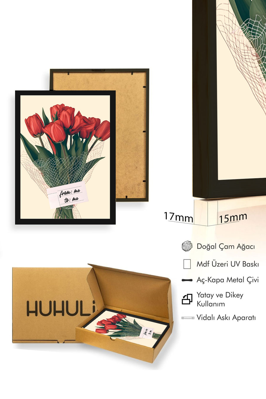 Doğal Ahşap Çerçeveli Retro Tablo - Kırmızı Lale Çiçek Desenli | huhu2795