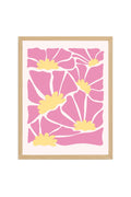 Doğal Ahşap Çerçeveli Retro Desenli Tablo - Pembe Soyut Floral Çiçek | huhu2796
