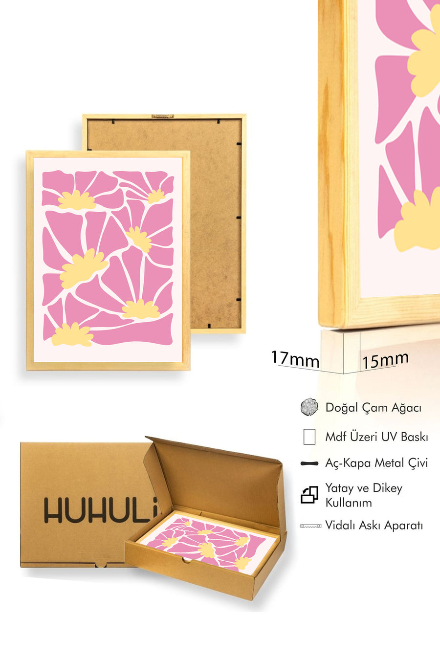 Doğal Ahşap Çerçeveli Retro Desenli Tablo - Pembe Soyut Floral Çiçek | huhu2796