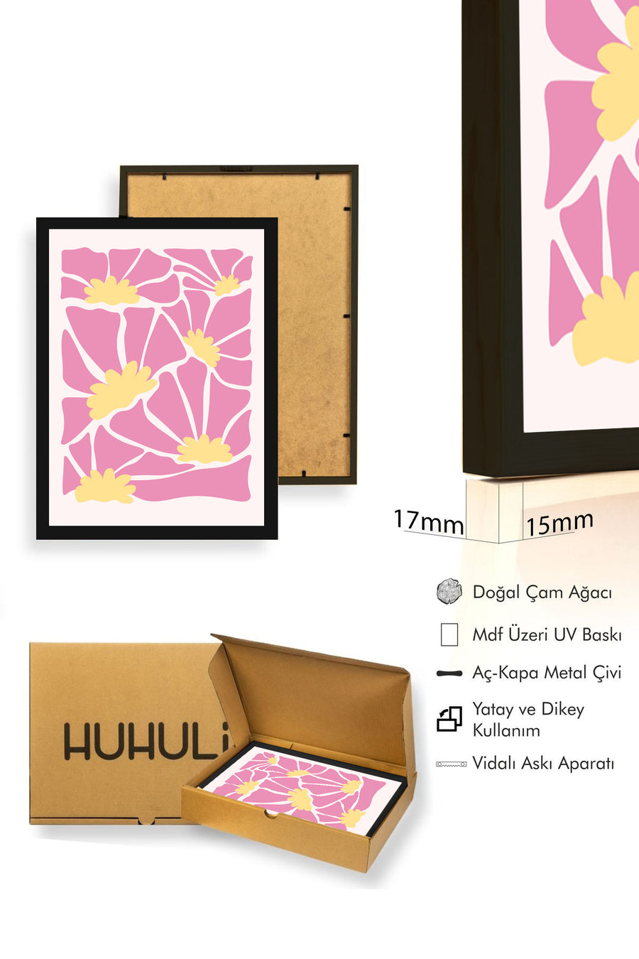 Doğal Ahşap Çerçeveli Retro Desenli Tablo - Pembe Soyut Floral Çiçek | huhu2796
