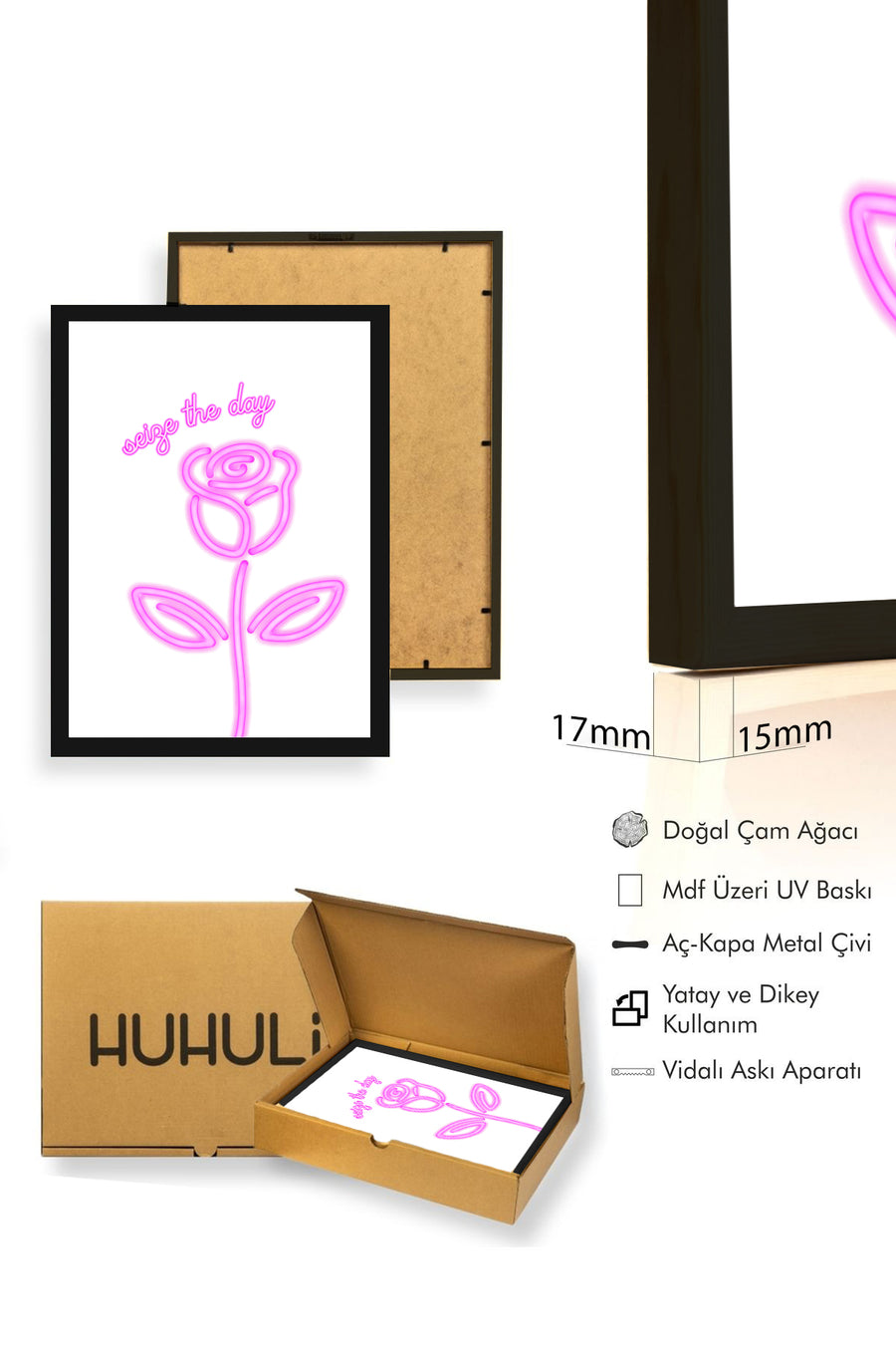 Doğal Ahşap Çerçeveli Retro Pembe Gül Tablo - Seize The Day Minimalist | huhu2797