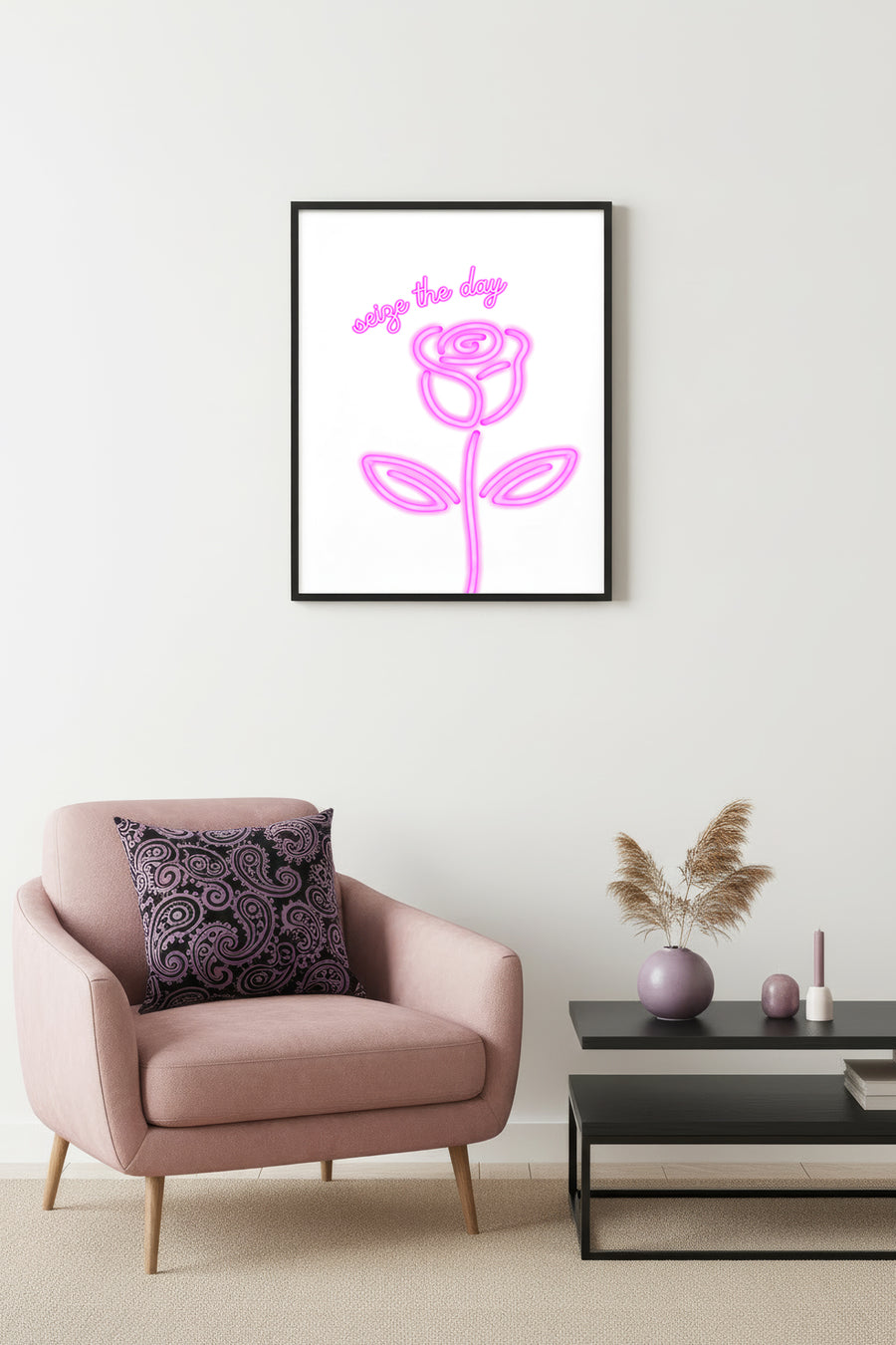 Doğal Ahşap Çerçeveli Retro Pembe Gül Tablo - Seize The Day Minimalist | huhu2797